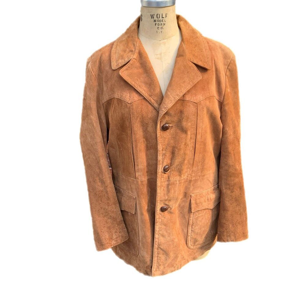 Mens‎ Vintage Suede Western Jacket Caramel Brown Size 44 Zip Out Blanket Lining